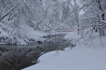 snow covered banks of small river in winter forest  Moscow region, Russia
