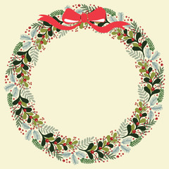 Christmas Wreath with Round Frame for Cards Design Vector Layout with Copyspace Can be use for Decorative Kit, Invitations, Greeting Cards, Blogs, Posters, Merry Christmas and Happy New Year.
