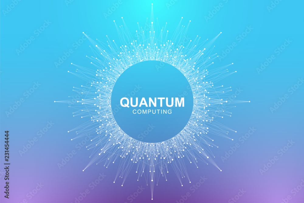 Fototapete Quantum computer technology concept. Deep learning artificial intelligence. Big data algorithms visualization for business, science, technology. Waves flow, dots, lines. Quantum vector illustration