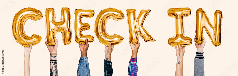 Poster hands showing check-in balloons word