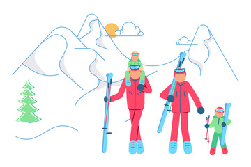 Skiers family on winter Mountain Landscape