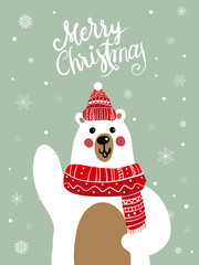 Polar Bear Scarf Cartoon with Christmas Festival and Snow Winter Vector.