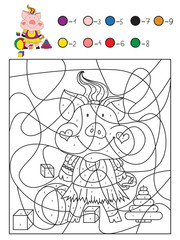 Kids coloring book by numbers  , difficult level. Education game for children. Pig with toys in kindergarten.