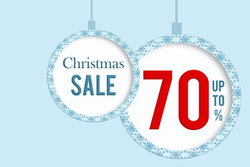 Christmas sale 70 % in white blue christmas ball with snowflakes pattern. 