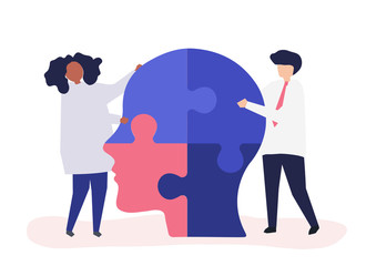 People connecting jigsaw pieces of a head together