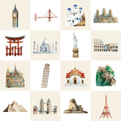Collection of architectural landmarks painted by watercolor © Rawpixel.com