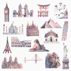 Collection of architectural landmarks painted by watercolor - obrazy, fototapety, plakaty