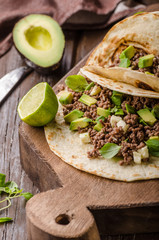Homemade minced beef tortilla, fresh avocado and mozarella cheese