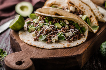 Homemade minced beef tortilla, fresh avocado and mozarella cheese © Stepanek Photography