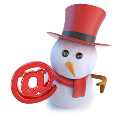 3d Funny cartoon snowman in top hat holding an email address symbol