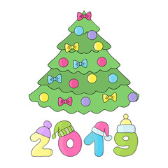 Vector new year picture with Christmas tree and number 2019 in winter hats on white background