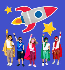 Young superheroes with a rocket icon