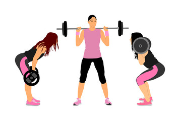 Sport bodybuilding. Young woman with barbell flexing muscles and making shoulder press squat in gym vector illustration. Weightlifter, bodybuilder training. Personal trainer workout. Fit lady exercise