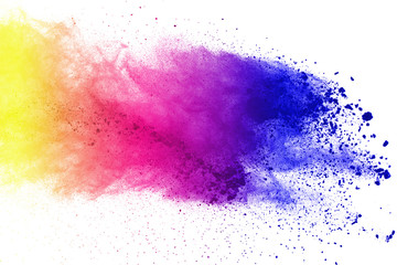 Freeze motion of colored powder explosions isolated on white background.