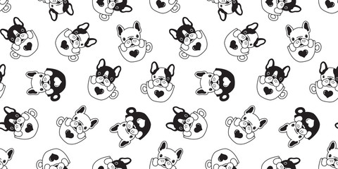 Dog seamless pattern french bulldog pug isolated coffee cup heart valentine background repeat wallpaper