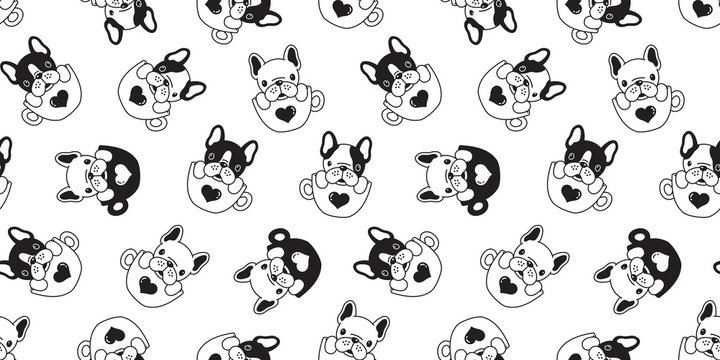 Dog seamless pattern french bulldog pug isolated coffee cup heart valentine background repeat wallpaper