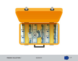 Yellow case with 20 Euro Banknotes. Flat style vector illustration. Salary payout or corruption concept.