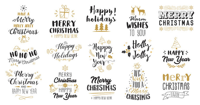Christmas decoration set of calligraphic and typographic design, logos, badges, labels, icons and elements.