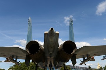 SU-27 military fighter near the Cosmos pavilion at the All-Russia Exhibition Center