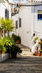 beautiful and picturesque narrow street with white facades of buildings, Spanish architecture