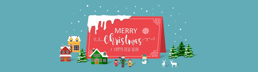 Merry Christmas and Happy New Year. Illustration of winter village celebration scene greetings template.