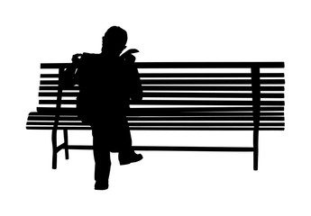 Senior, mature man sitting on a bench in park vector silhouette. Grandfather outdoor relaxing. Gentleman with glasses sitting on a wooden chair and reading a newspaper in a park. Pensioner time.