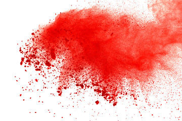 Red powder explosion on white background. Paint Holi.