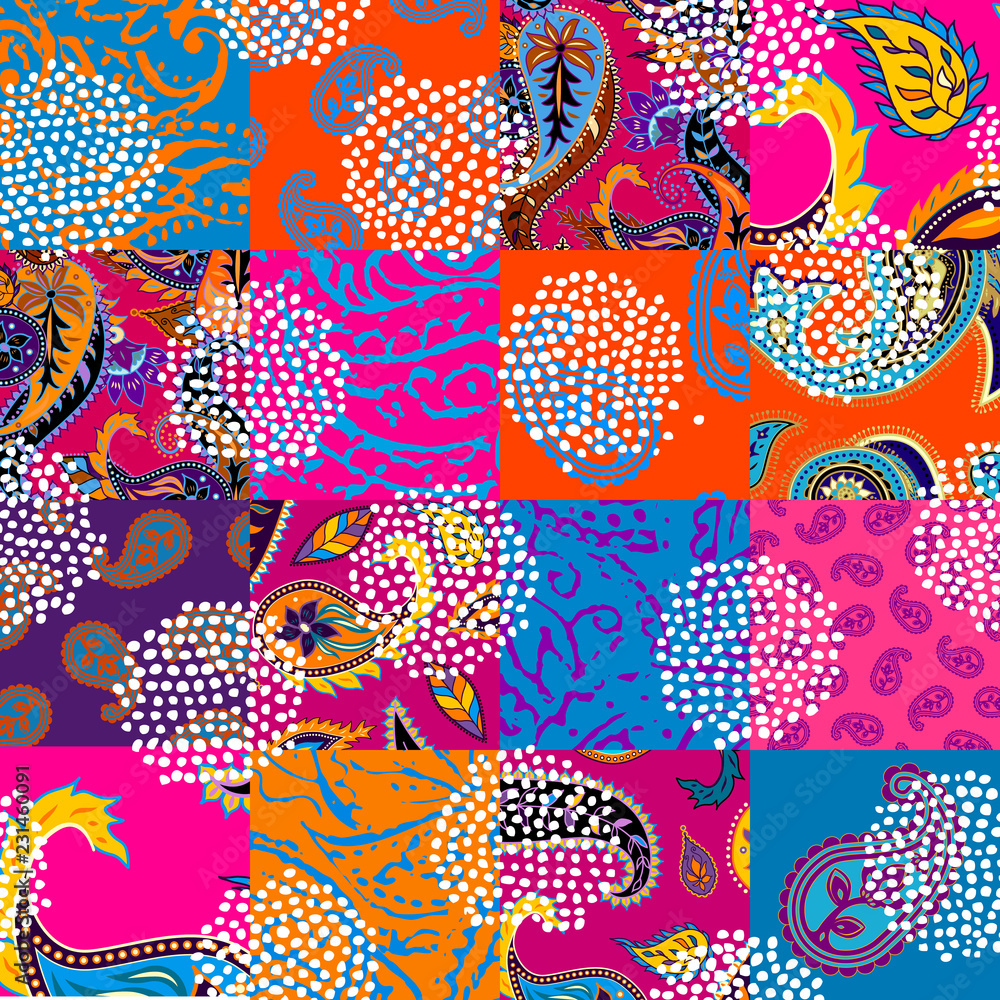 Poster seamless background pattern. patchwork pattern with paisley ornament patterns. bright magenta and or