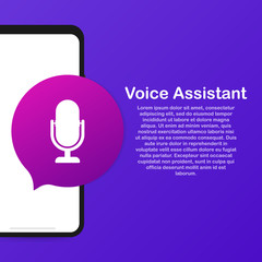 Personal assistant and voice recognition on mobile app. Concept flat vector illustration of human hand holds smartphone with microphone button.