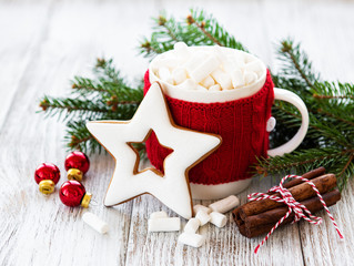 hot chocolate with marshmallows and gingerbread cookie