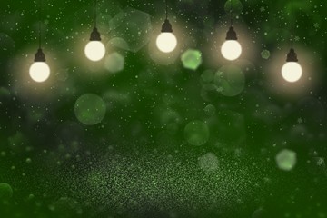 Obraz premium green beautiful brilliant glitter lights defocused bokeh abstract background with light bulbs and falling snow flakes fly, festal mockup texture with blank space for your content