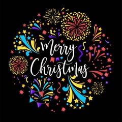 Merry Christmas winter holiday celebration with fireworks at night sky