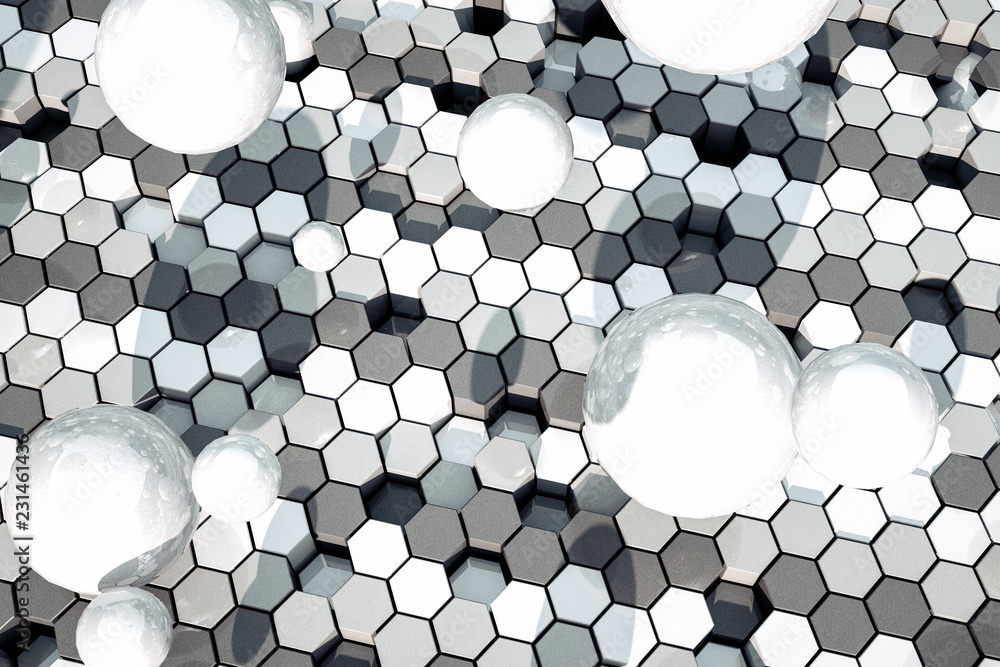 Poster 3d rendering, white hexagonal background