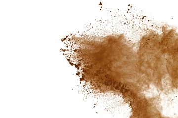 Brown powder explosion on white background. Dry soil splatted isol