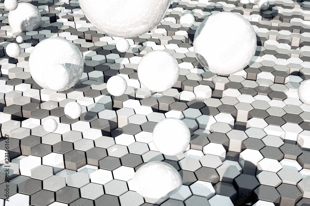 Poster 3d rendering, white hexagonal background