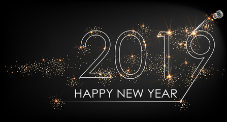 Fototapeta na wymiar New Year 2019 line design firework champagne white and black vector
