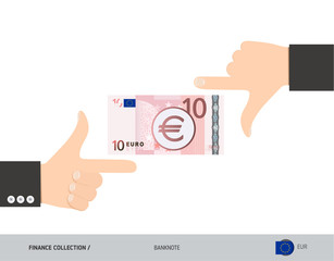 10 Euro Banknote. Business hands measuring banknote. Flat style vector illustration. Business finance concept.