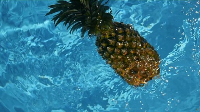 Pineapple Floating In blue Water In Swimming Pool. Healthy Raw Organic Food. Juicy Fruit. Vegetarian, Vegan Nutrition, Vitamins, Diet, summer holidays, vacation concepts. Exotic tropical background