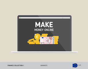 Notebook with 10 Euro Banknote. Flat style vector illustration. Finance concept.