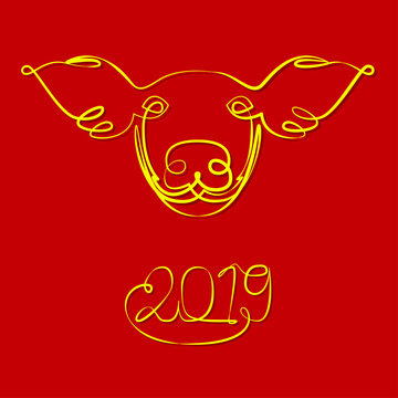 Pig Face. Linear line style. Endless line. Yellow and red. Logo, sign, icon. Vector illustration. Chinese New Year Symbol of 2019.