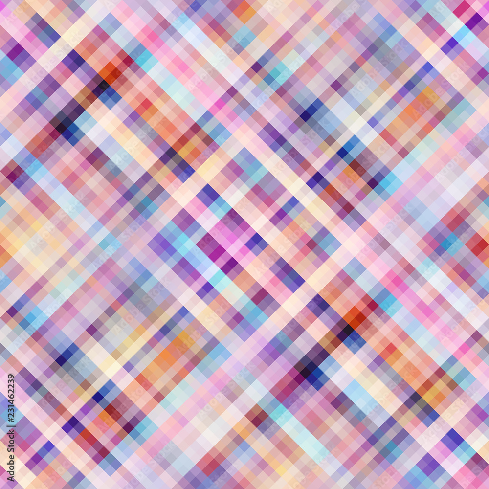 Poster Seamless background. Geometric abstract diagonal plaid pattern in low poly pixel art style. Pastel colors. Vector image.
