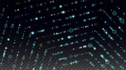 Christmas  Vector Background with Blue Falling Snowflakes Isolated on Transparent Background. Realistic Snow Sparkle Pattern. Snowfall Overlay Print. Winter Sky. Design for Party Invitation.