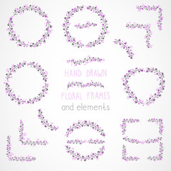 Vector set of floral hand drawn frames and decorative elements.