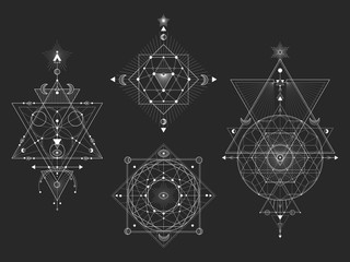 Vector set of Sacred geometric symbols and figures on black background. White abstract mystic signs collection drawn in lines.
