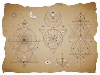 Vector set of Sacred geometric symbols with moon, eye, arrows, dreamcatcher and figures on old paper background with torn edges. Abstract mystic signs collection drawn in lines.
