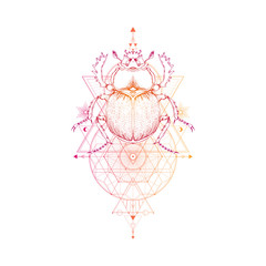 Vector illustration with hand drawn scarab and Sacred geometric symbol on white background. Abstract mystic sign. - obrazy, fototapety, plakaty