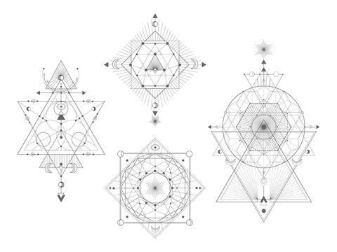 Vector set of Sacred geometric symbols on white background. Abstract mystic signs collection. Black linear shapes. For you design: tattoo, print, posters, t-shirts, textiles.