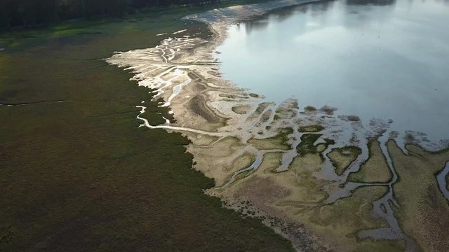 Aerial camera travels over intricate patterns etched in Bolinas Lagoon