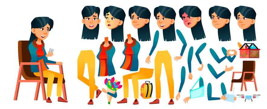 Asian Teen Girl Vector. Animation Creation Set. Face Emotions, Gestures. Positive Person. Animated. For Web, Brochure, Poster Design. Isolated Cartoon Illustration