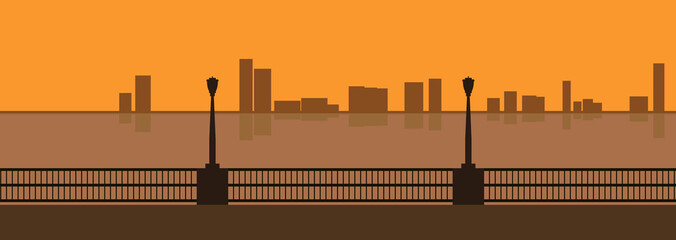 City horizontal skyline at sunrise, vector flat design illustration